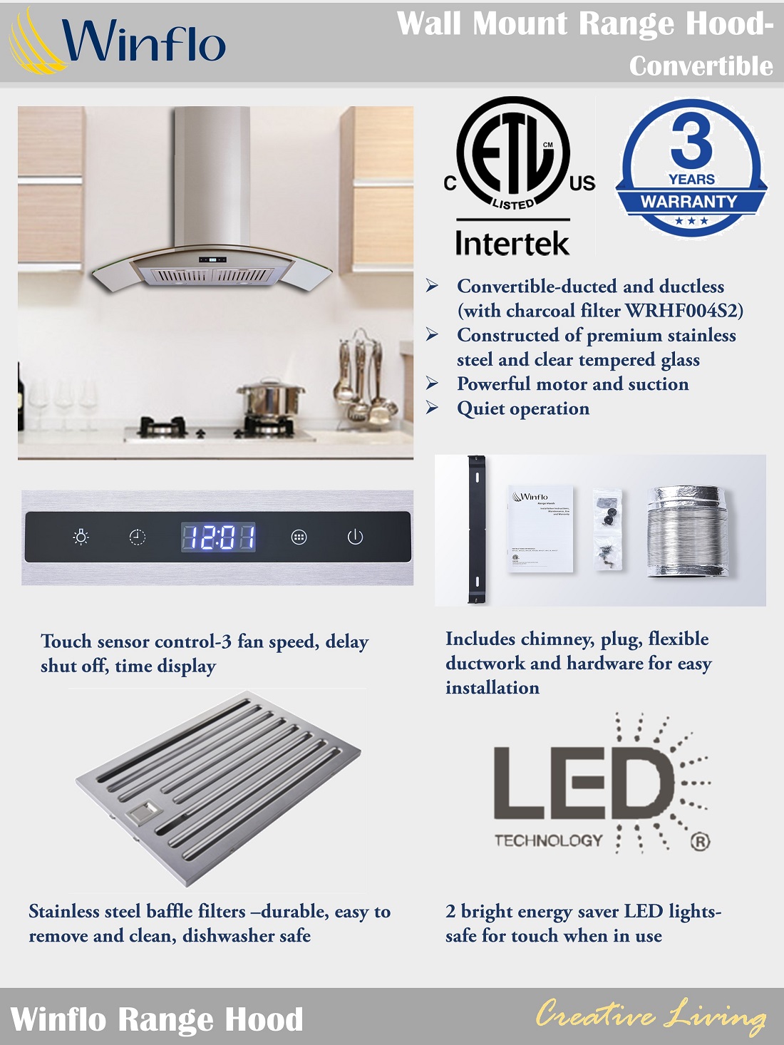 Winflo 30 in. Convertible Wall Mount Range Hood in Stainless Steel and